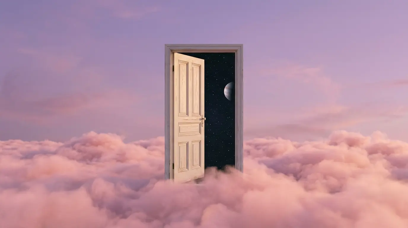 A freestanding door open on a pink cloud, a starry night visible through it